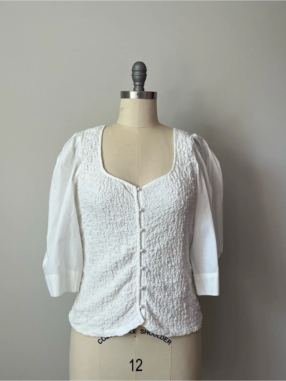 Anthropologie White Puff Sleeve Textured Button-Front Top